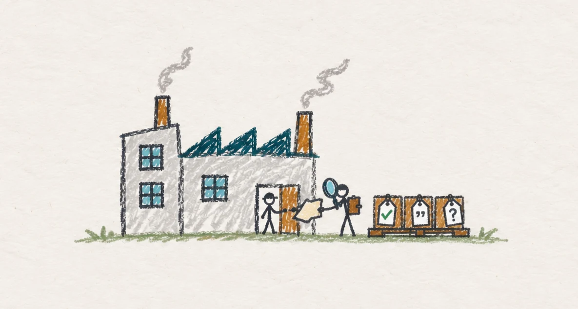 Crayon drawing of a factory, a document check and three labelled boxes.