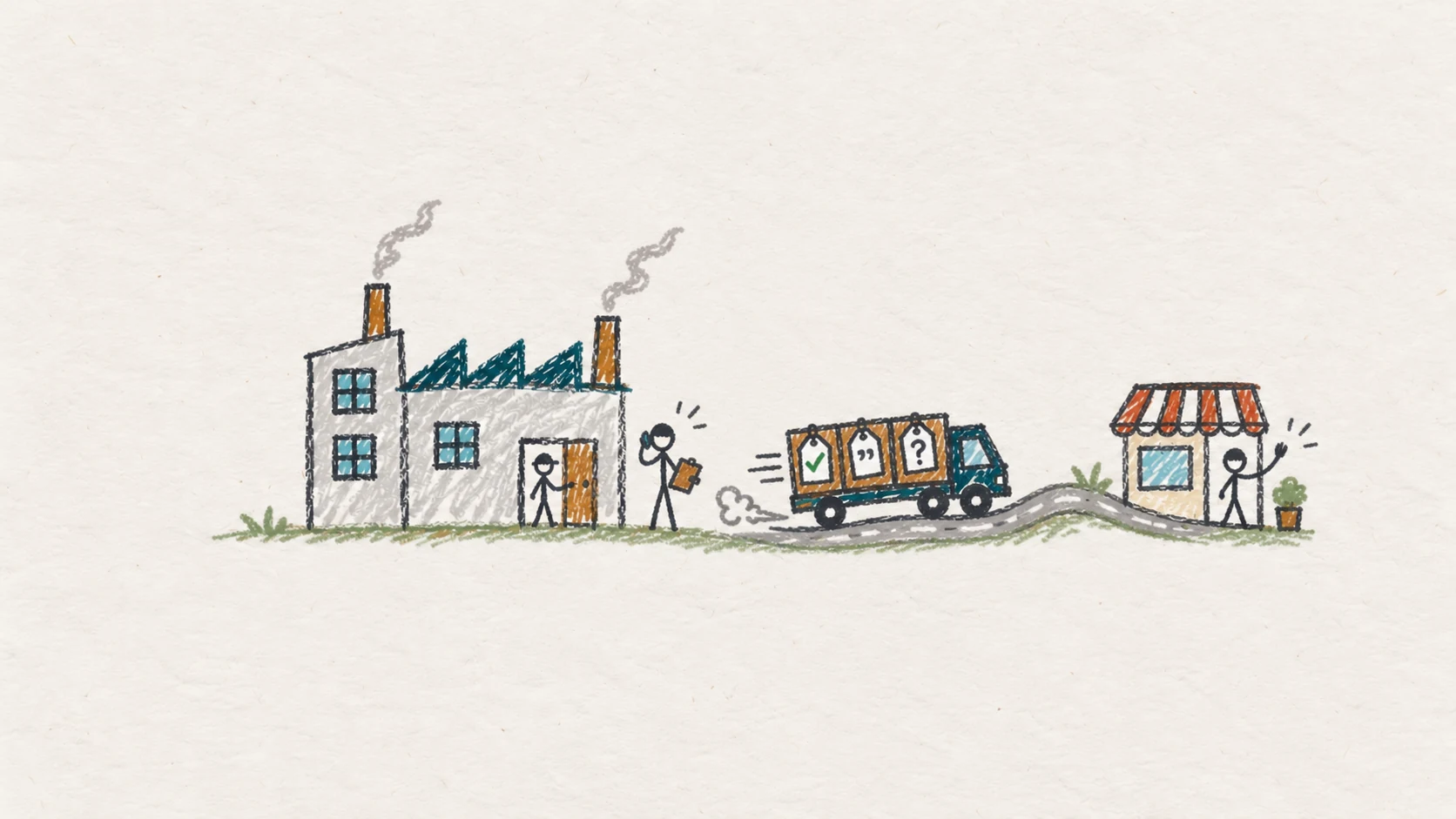 A truck takes labelled boxes from the factory toward a shop.