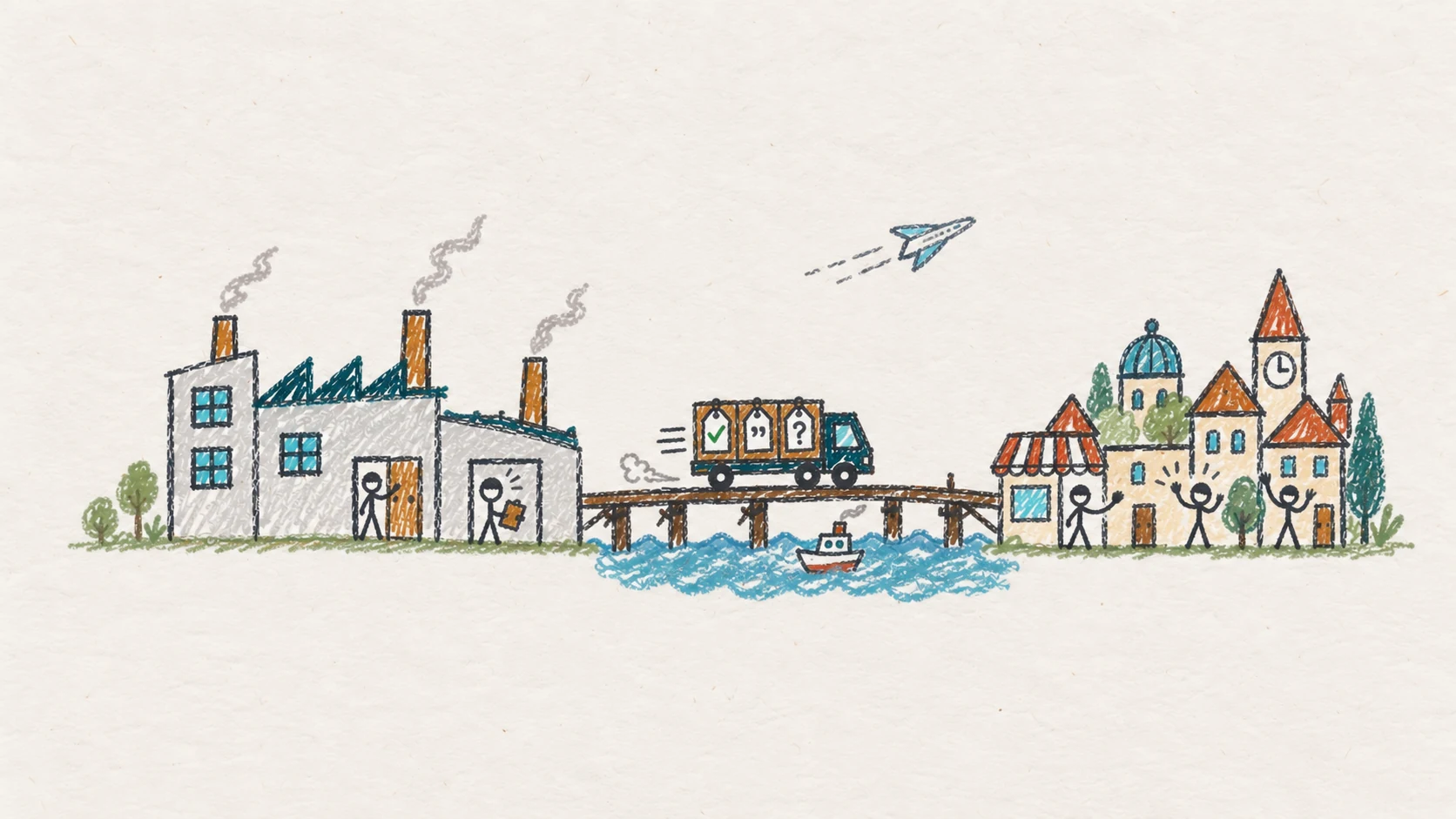 A bridge carries a truck from a factory toward a European town.
