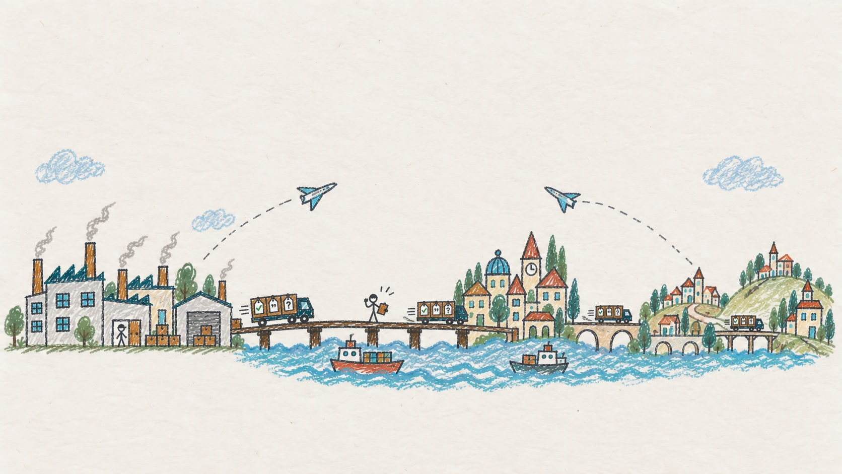 The drawing widens into a network of factories, bridges, towns and trucks.